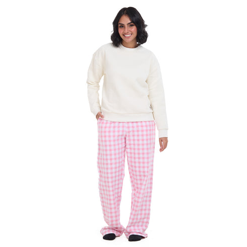 Women Winter Pajama Set Off White Sweatshirt +Pink Gingham Pattern Pants